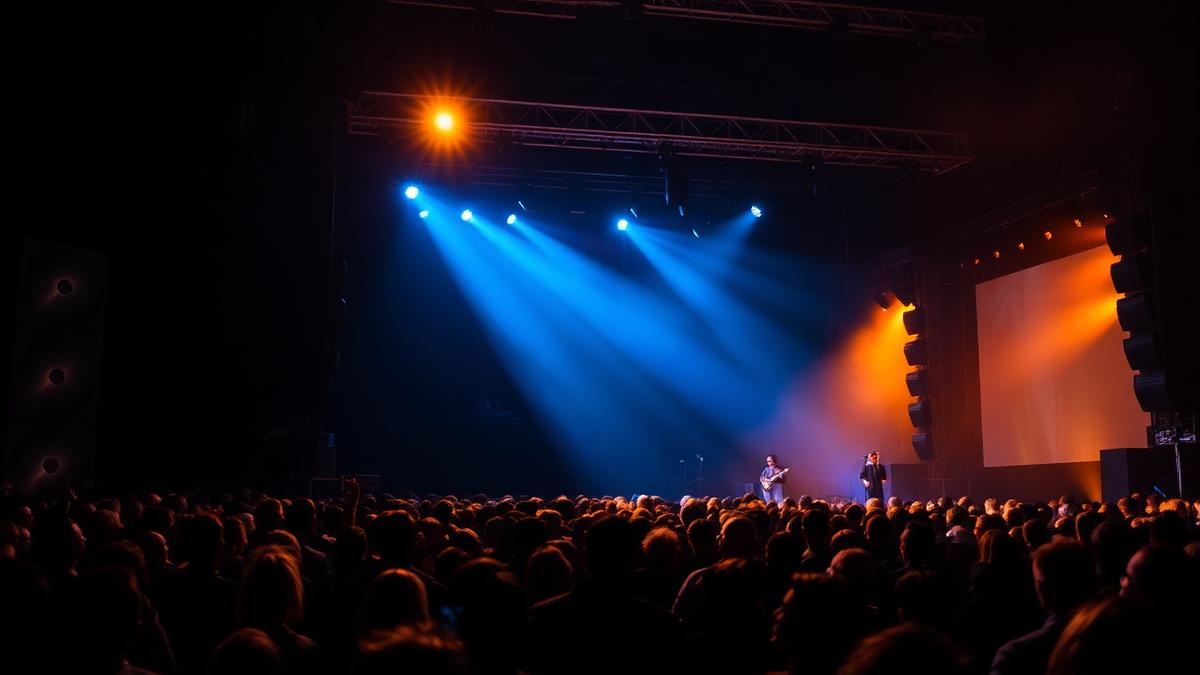 Concert crowd in front of a lit stage with large speaker stacks at a live music venue
