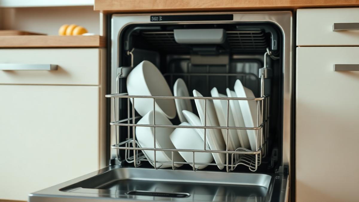 Open stainless steel dishwasher loaded with clean plates in a bright kitchen