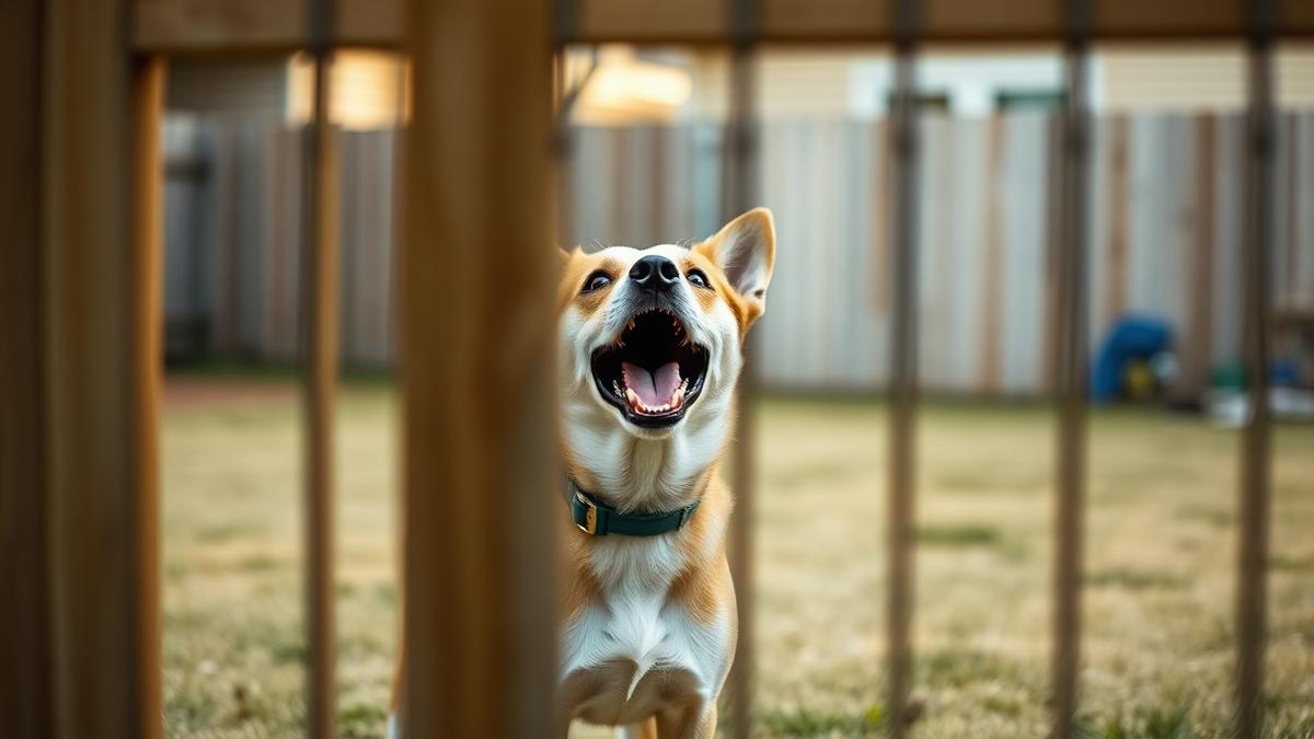 Dog barking in a fenced suburban backyard during the day