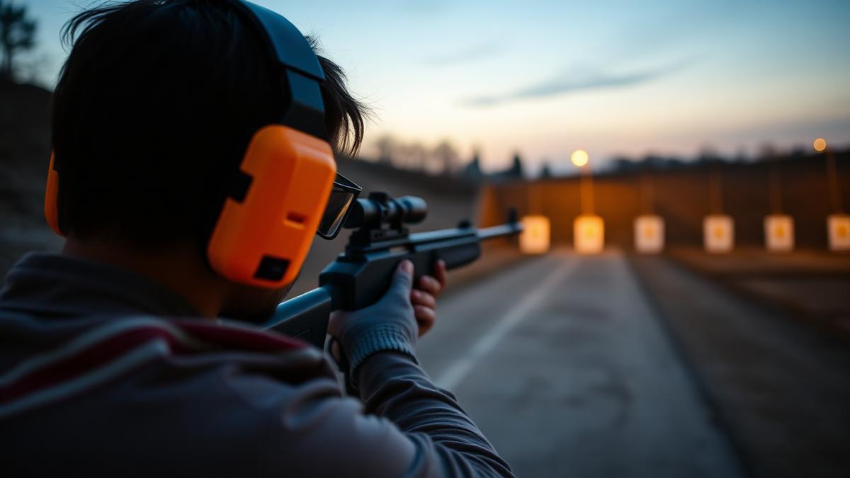 Shooter wearing orange ear defenders aiming a rifle at an outdoor shooting range