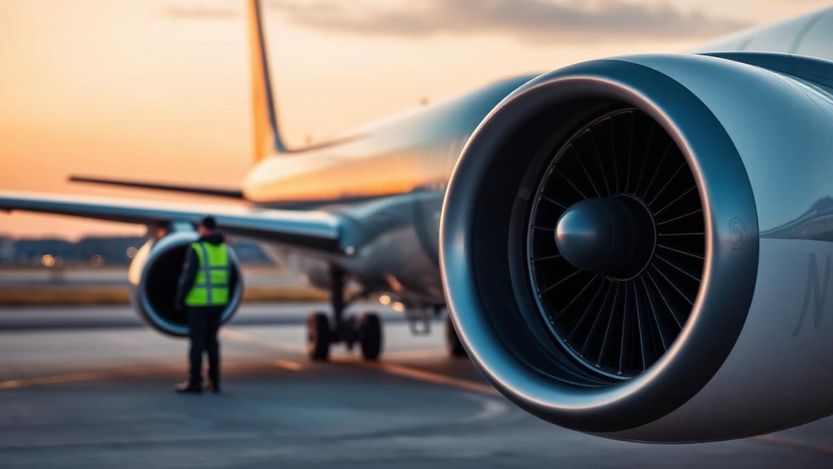 Close-up of a jet airliner engine on an airport tarmac at dusk with ground crew nearby