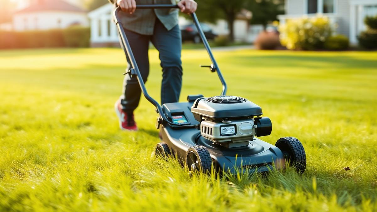 Person pushing a petrol lawn mower across a green suburban lawn