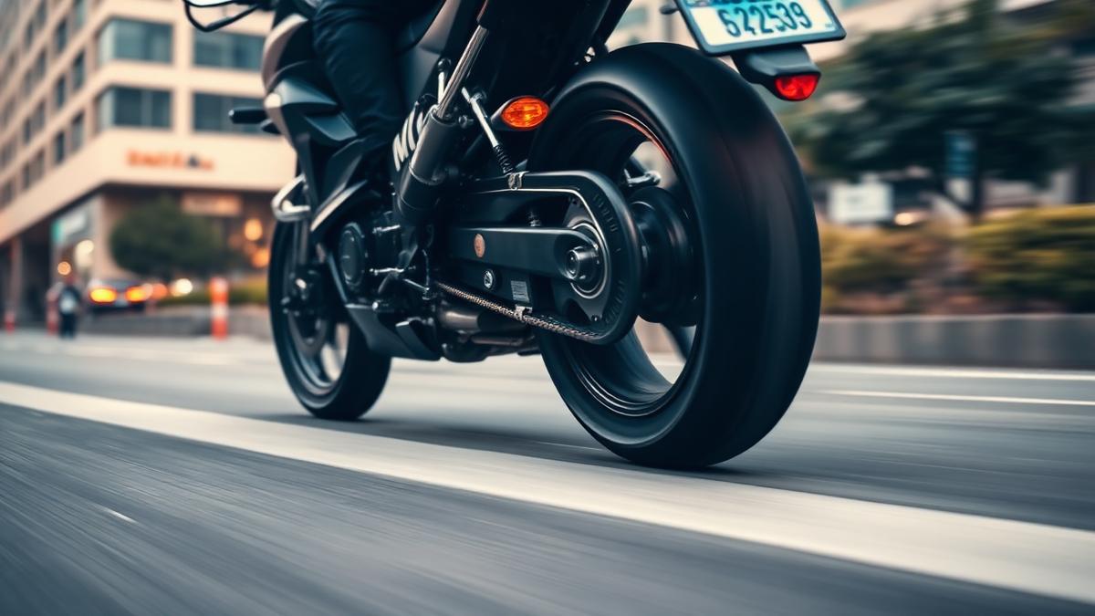 Motorcycle accelerating along an urban street seen from a low rear angle