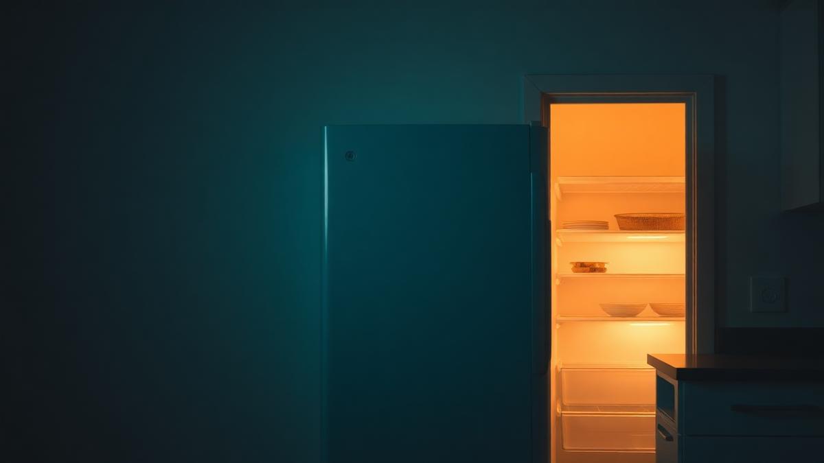 Refrigerator with its door slightly open glowing in a dark, quiet kitchen at night