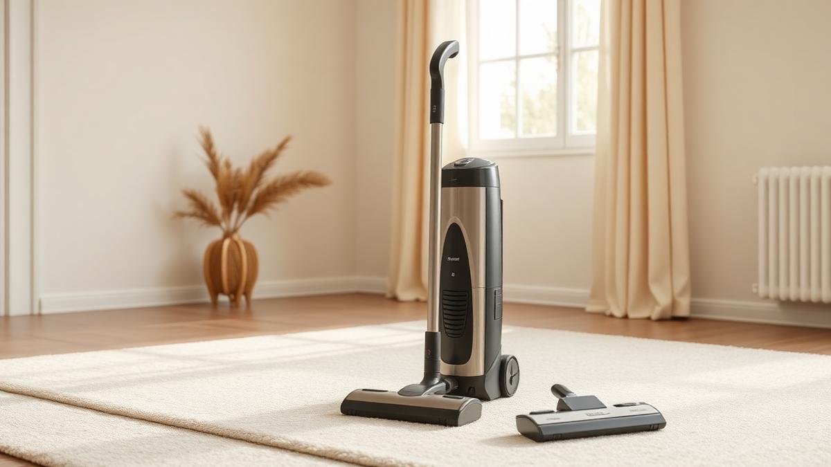 Upright vacuum cleaner standing on a light rug in a minimal living room