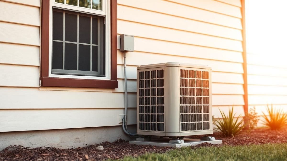 Outdoor air conditioner condenser unit installed beside a house wall below a window