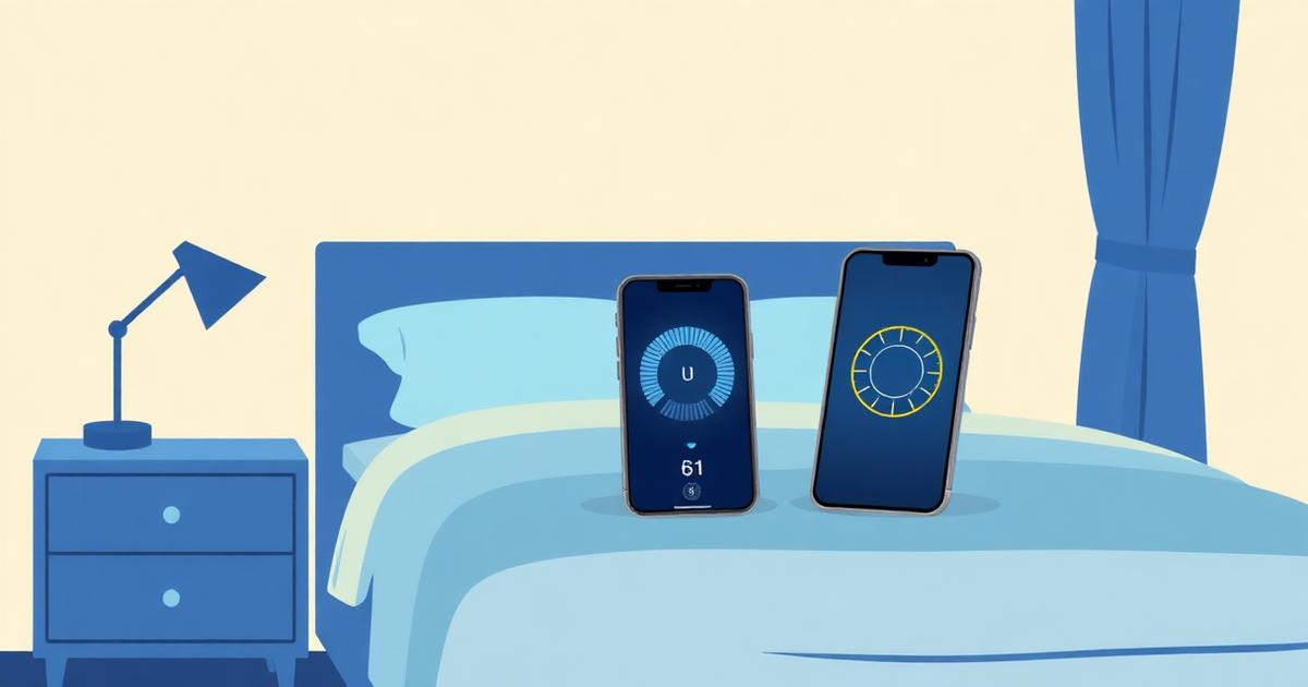 Online decibel meter measuring room noise level on a phone beside a bed in a quiet bedroom