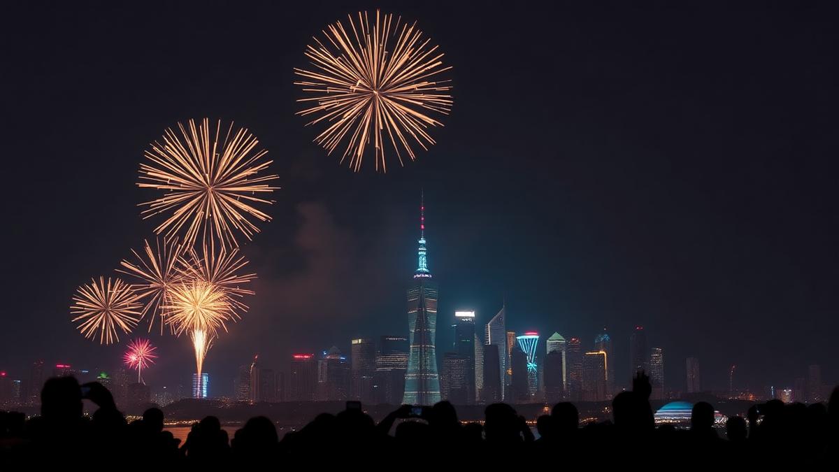 Fireworks bursting over a night city skyline with silhouetted spectators