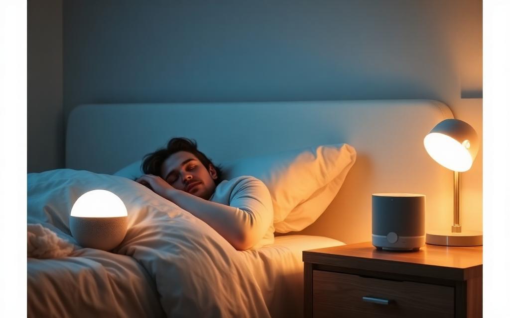 person sleeping peacefully with white noise machine on nightstand