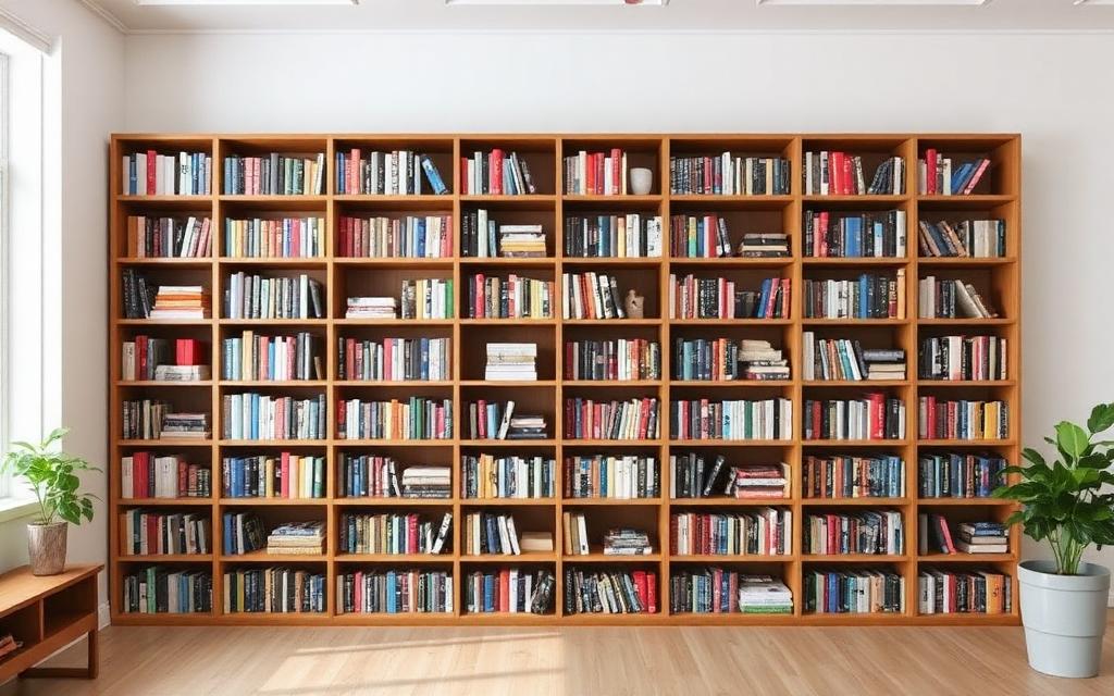 large bookshelf filled with books acting as sound barrier against wall