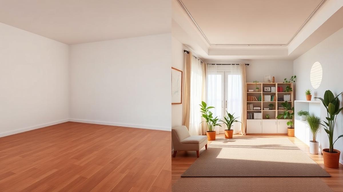 side by side comparison of empty and furnished room