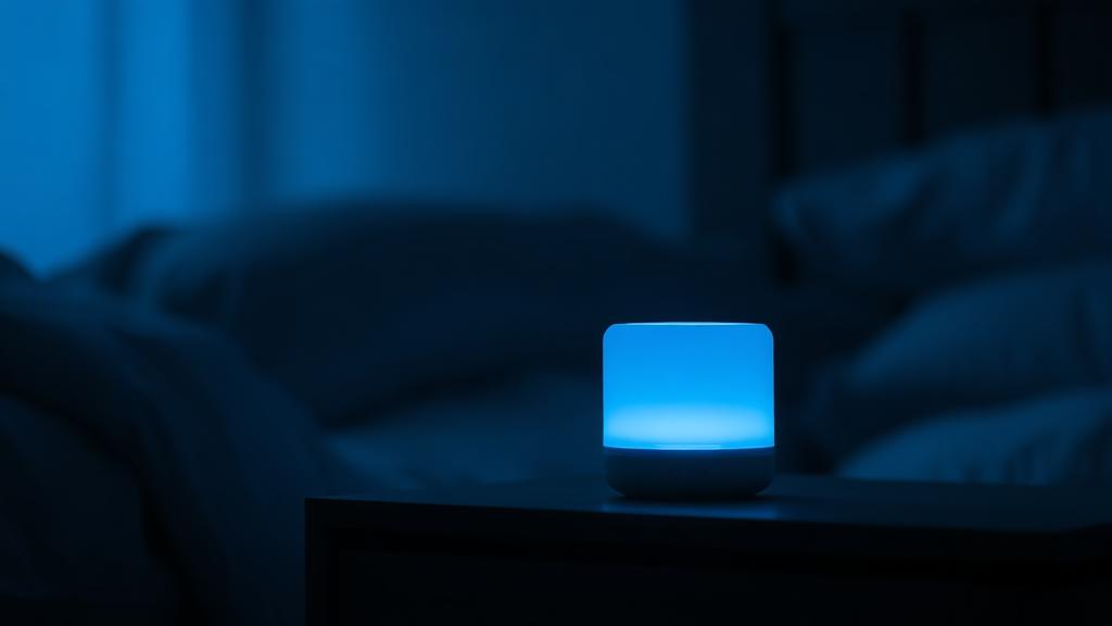 white noise machine on nightstand next to bed in quiet bedroom