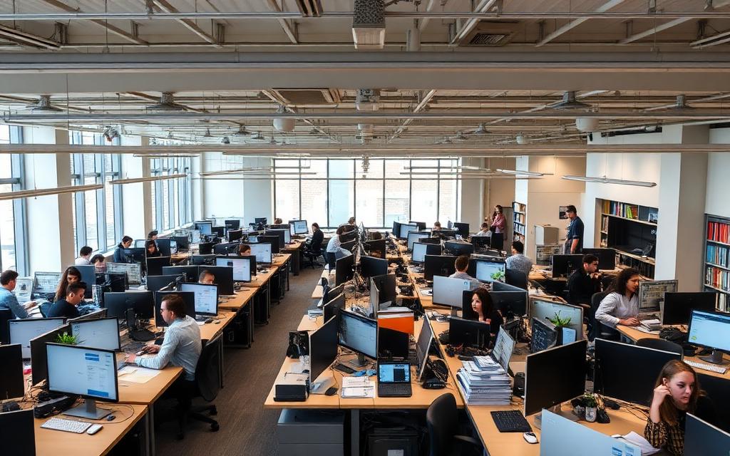 open plan office with many workers and desks creating ambient noise