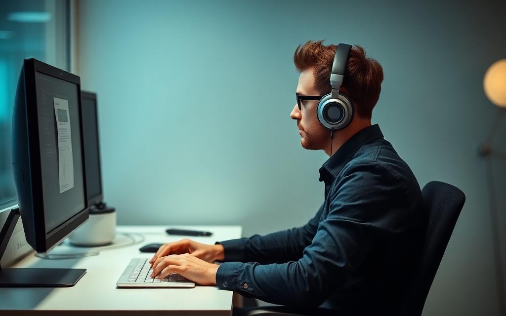 person wearing noise-canceling headphones working at desk in quiet office