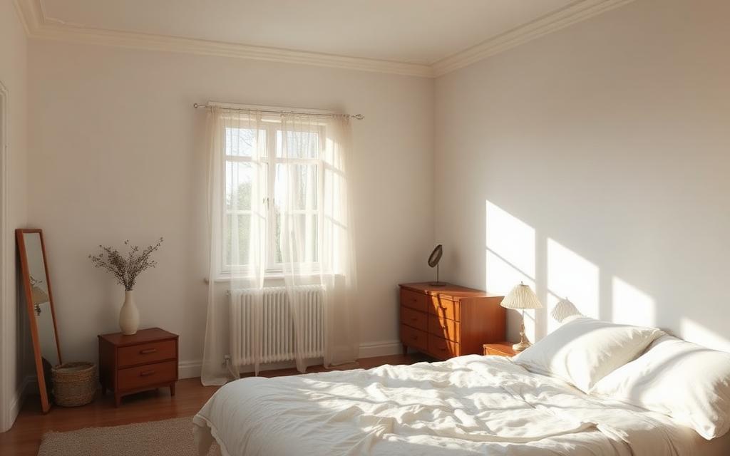 peaceful bedroom in morning light with minimal furniture and quiet atmosphere