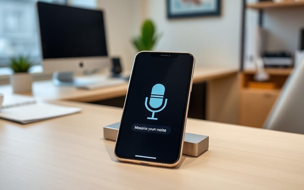 smartphone on desk with microphone icon measuring ambient room noise