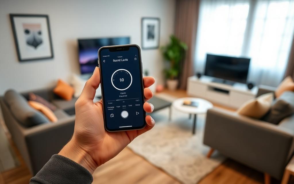 hand holding smartphone measuring decibel levels in a living room