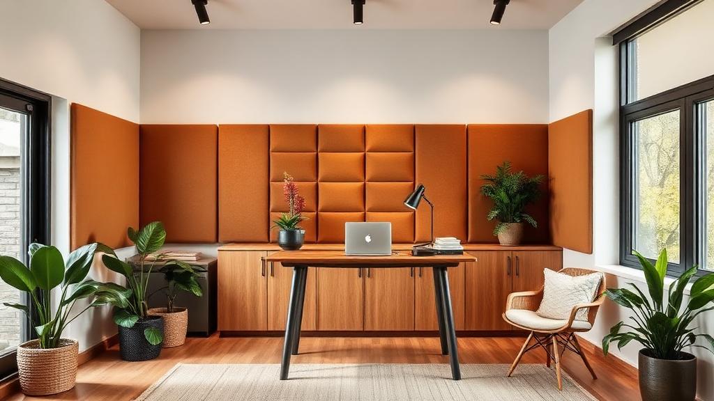 well-designed home office with acoustic panels bookshelf and soft furnishings