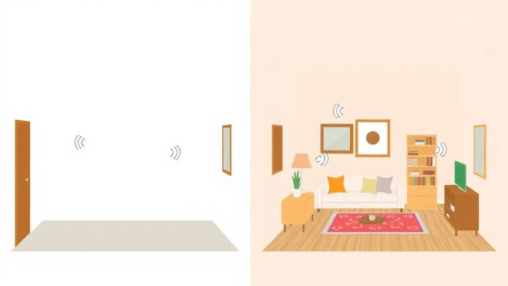 side by side comparison of empty room with echo versus furnished room with good acoustics