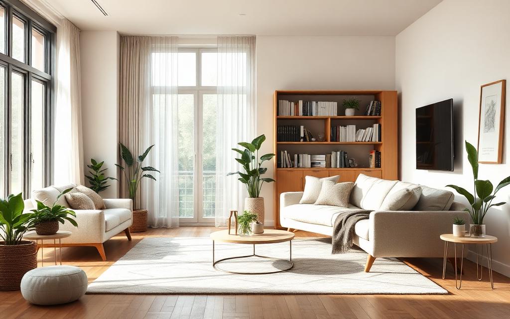 quiet modern living room with soft furnishings and natural light
