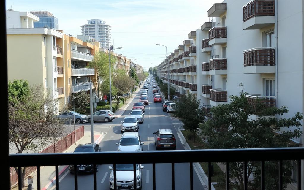 residential street with moderate traffic as seen from apartment balcony