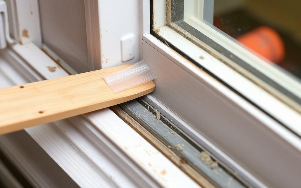 weather stripping being applied to window frame to seal gaps and reduce noise