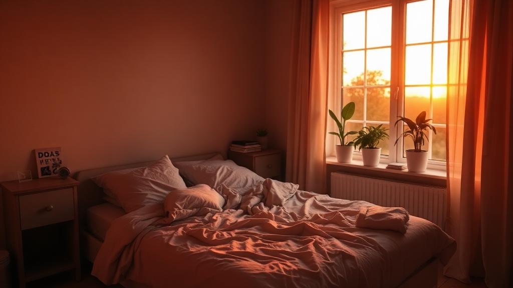quiet bedroom interior with soft lighting and blackout curtains