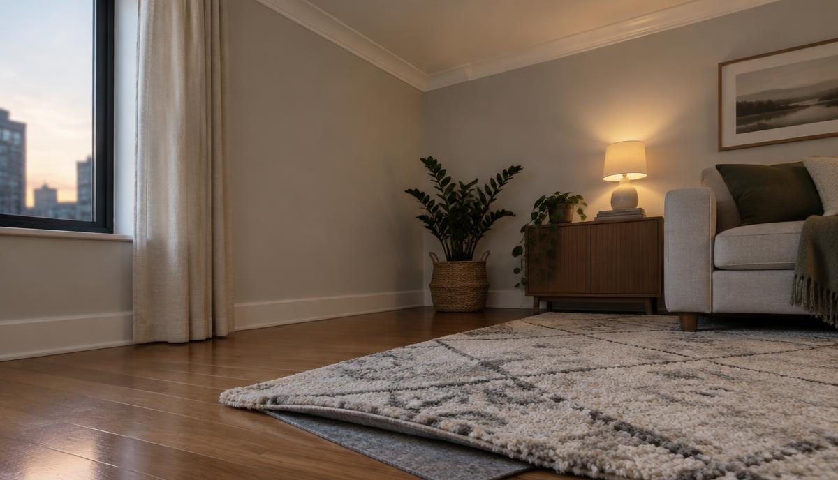 apartment living room with hardwood floor and thick rug with underlay