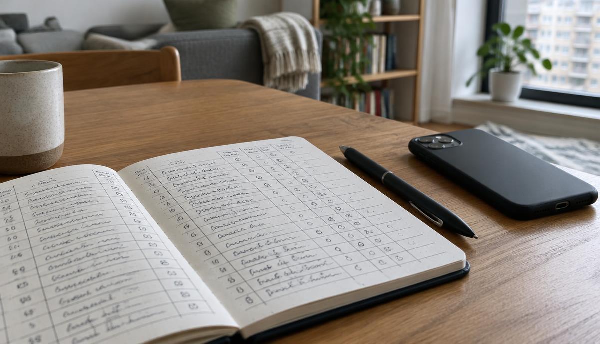 notebook with dated noise diary entries beside a phone on a table
